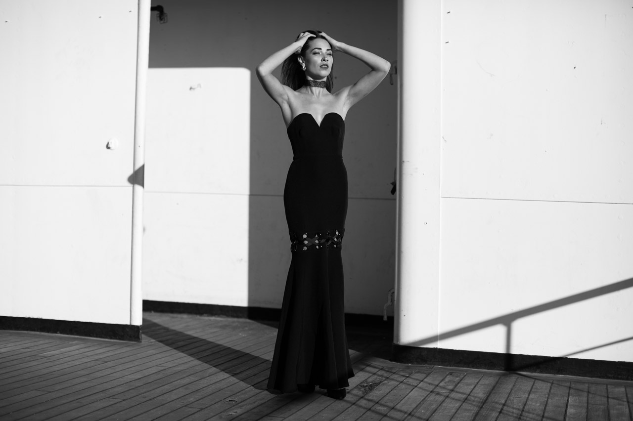 Red Carpet worthy. Blogger model Xenia Mz photographed on Queen Mary by photographer Samuel Black