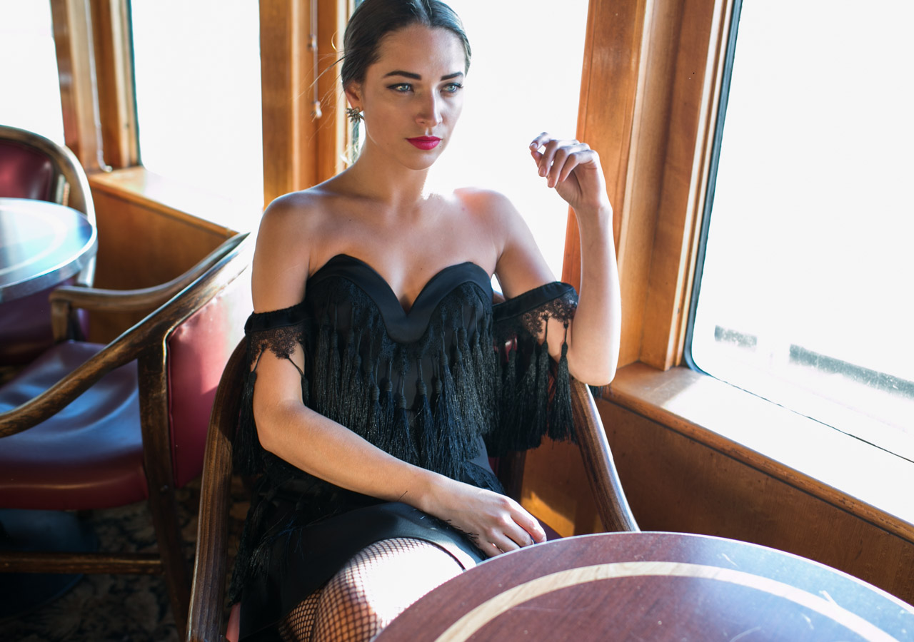 Red Carpet worthy. Blogger model Xenia Mz photographed on Queen Mary by photographer Samuel Black