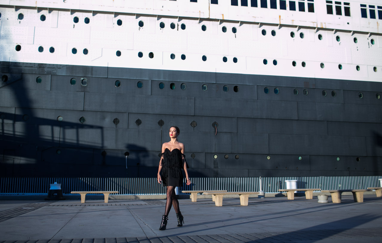 Red Carpet worthy. Blogger model Xenia Mz photographed on Queen Mary by photographer Samuel Black